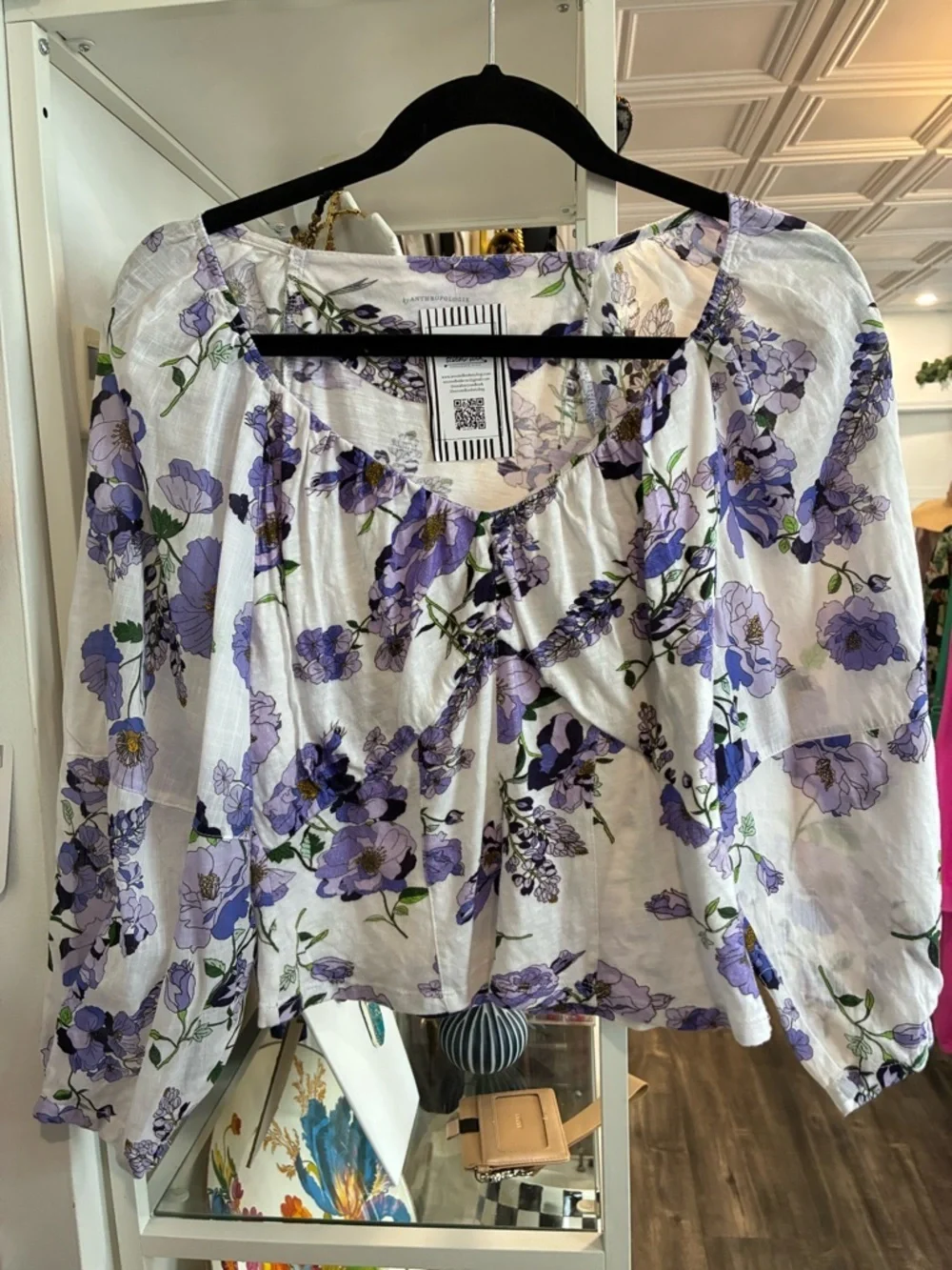 Anthropologie purple Puff-Sleeve V-Neck Blouse — White with Purple Floral size M